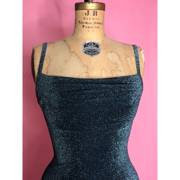 1990s-Y2K ALL THAT JAZZ Green & Silver Glitter Metallic Maxi Dress W/High Slit S - Picture 4 of 9